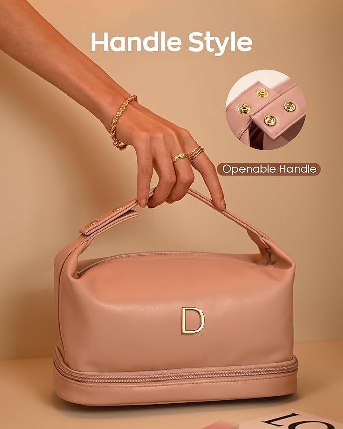 Graduation Gifts for Daughter-Initial Cosmetic Bag Handle, PU Leather Makeup Bags Letter Travel Toiletry Bag with Makeup Brush Organizer-Bridesmaid Proposal Gifts-Daughter Graduation Gifts