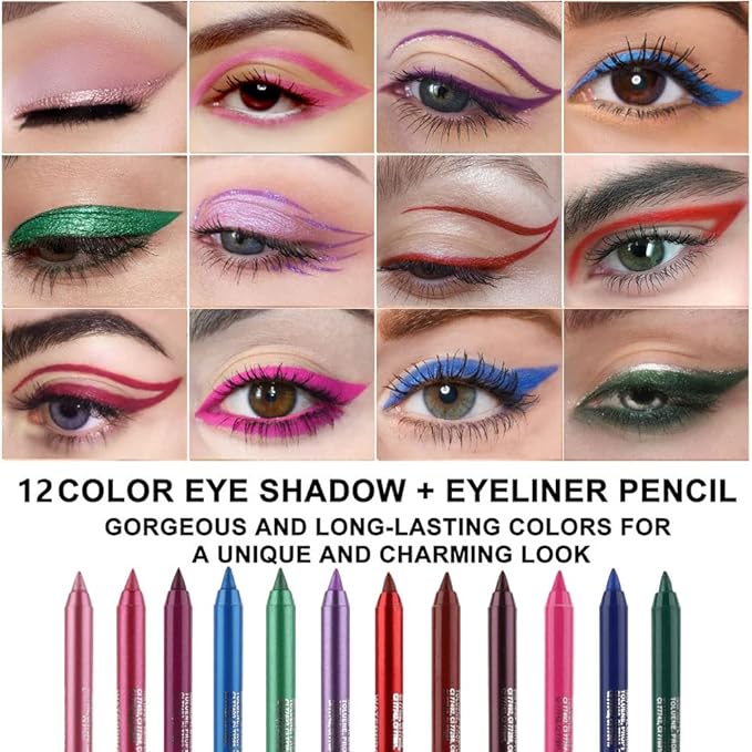 evpct 6Pcs Dark Light Royal Blue Emerald Green Purple Colored Glitter Eyeliner Pencils Set Women Waterproof