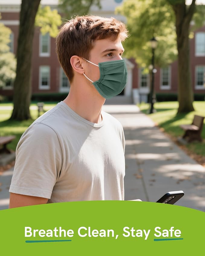 FriCARE Disposable Face Masks, 3-Ply ASTM Level 3 Medical Grade, FSA/HSA Eligible, Breathable & Comfortable for Allergy/Sun Protection, 50 Pack Hunter Green