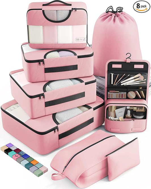 Veken 8 Set Packing Cubes for Travel Essentials, Pink Suitcase Organizer Bags in 4 Sizes, Carry-On Luggage Accessories with Large Laundry & Hanging Toiletry Bag, Must-Have for Airplane, Road Trip