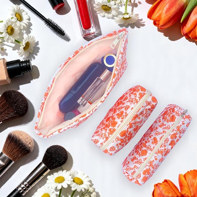 3 Piece Orange Quilted Floral Makeup Bag Set Small Cosmetic Bag For Women Cute Cotton Makeup Pouch For Purse