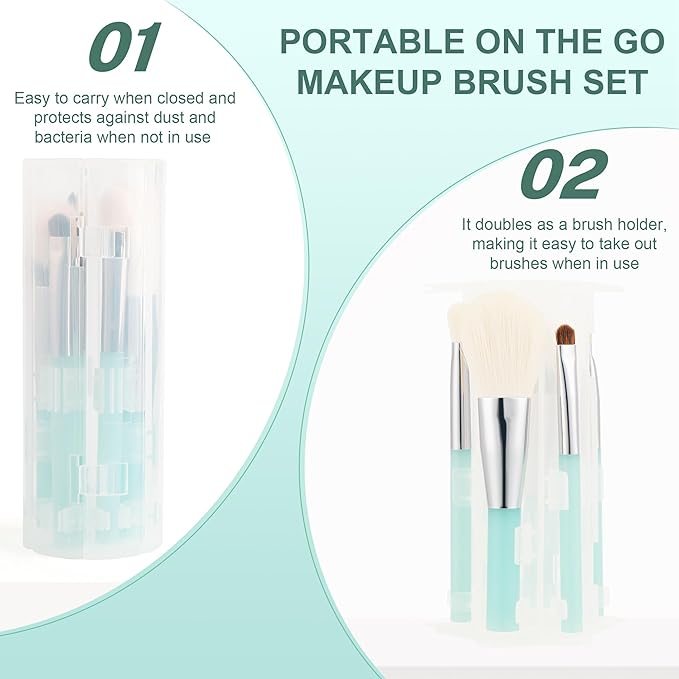 Docolor 6 Pieces Travel Makeup Brush Set, Portable On-The-Go Makeup Brush Set Travel Size Makeup Brushes for Powder Contour Blush Eyeshadow Brow Brush Make Up Brushes with Brush Foldable Holder