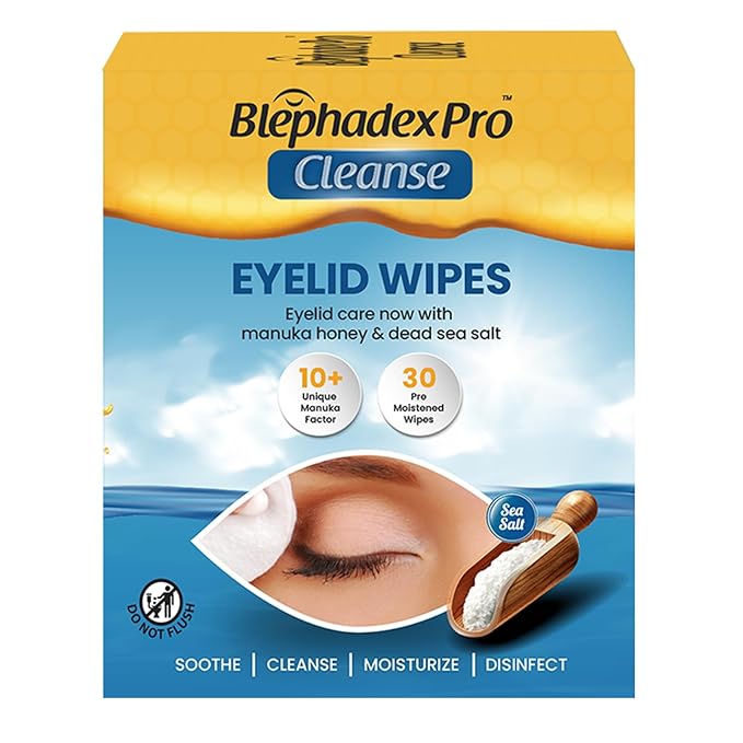 Lunovus Eyelid Wipes with Manuka Honey & Dead Sea Salt - Box of 30, Individually Wrapped, Pre-Moistened for Daily Hygiene & Dry Eyes Relief, Makeup & Debris Removal, Adults