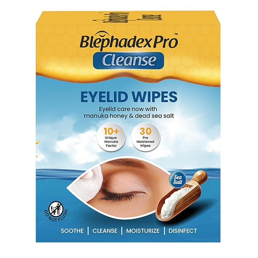 Lunovus Eyelid Wipes with Manuka Honey & Dead Sea Salt - Box of 30, Individually Wrapped, Pre-Moistened for Daily Hygiene & Dry Eyes Relief, Makeup & Debris Removal, Adults