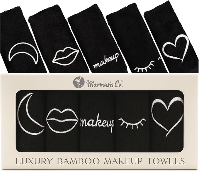Black Makeup Washcloths for Face, 5-Pack Face Towels Reusable, 11.5 x 11.5, Gift-Ready Box, Viscose from Bamboo & Turkish Cotton
