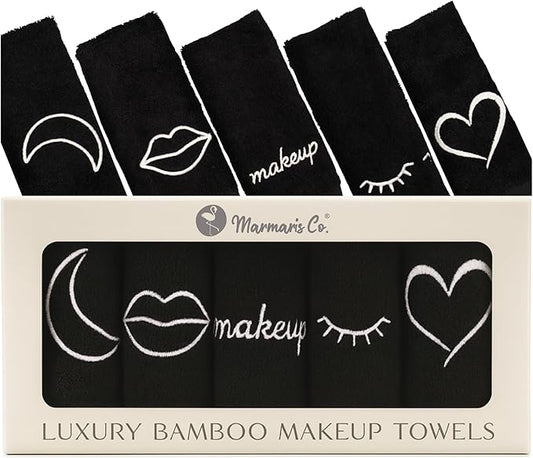 Black Makeup Washcloths for Face, 5-Pack Face Towels Reusable, 11.5 x 11.5, Gift-Ready Box, Viscose from Bamboo & Turkish Cotton