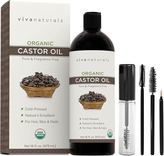 Viva Naturals Organic Castor Oil, Cold-Pressed, 16 fl oz – For Face, Hair, Eyelashes, USDA Organic, Non-GMO - With Beauty Kit