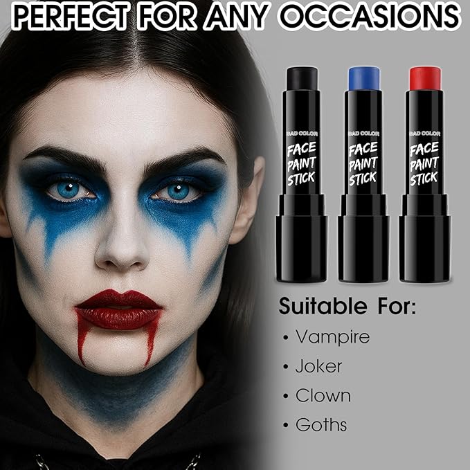 BADCOLOR 3PCS Red Black Royal Blue Face Body Paint Stick Makeup for Skull Vampire Clown Joker SFX Cosplay & Dress Up, Full-Coverage Halloween Facepaint Makeup Kit