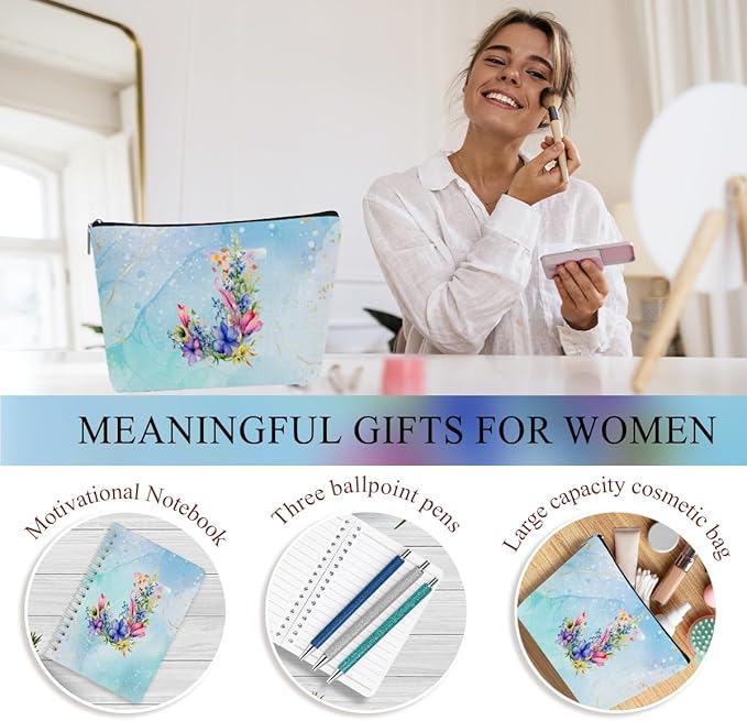 Personalized Gifts Monogrammed Birthday Gifts for Women, Maid of Honor Bachelorette Wedding Christmas Initial 20 oz Tumbler, Makeup Bag Cup Pens Journal Notebook 6 Set, (Aesthetic Blue Flower J)