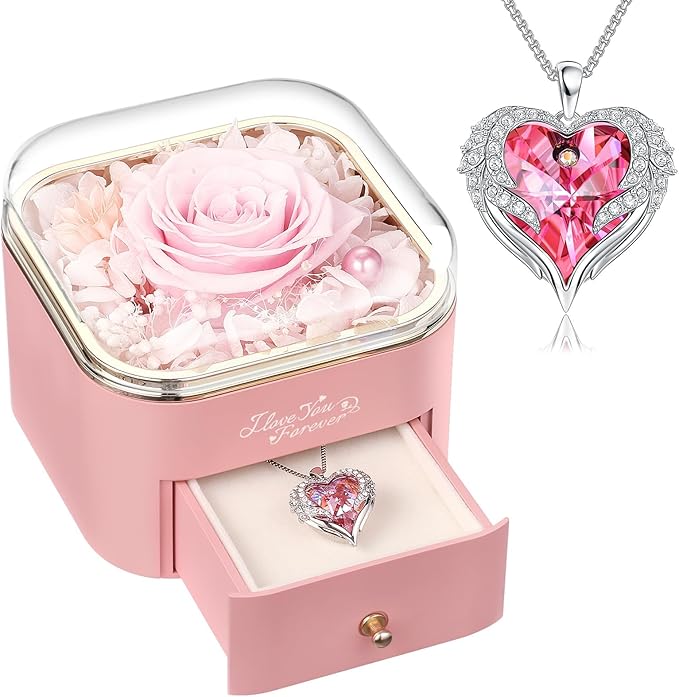 Preserved Real Pink Rose with Angle Wings Necklace, Forever Flowers Gifts for Mom Grandma Wife Girlfriend at Christmas Valentines, Anniversary Birthday Gifts for Women, I Love You Gifts for Her