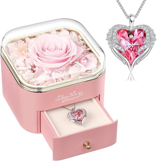 Preserved Real Pink Rose with Angle Wings Necklace, Forever Flowers Gifts for Mom Grandma Wife Girlfriend at Christmas Valentines, Anniversary Birthday Gifts for Women, I Love You Gifts for Her