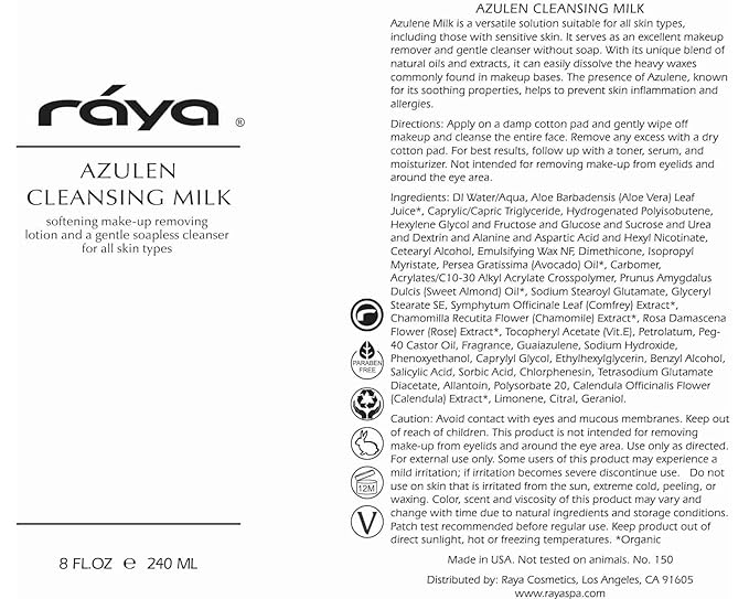 Raya Azulen Facial Cleansing Milk 8 oz (150) | Calming and Refining, Soap-Free Fluid Cleanser and Make-Up Removing Lotion | Made with Azulene Extract and Aloe Vera | Great for Sensitive Skin