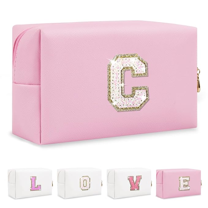Small Personalized Initial A-Z Patch Makeup Bag,Pink Cute PU Leather Glitter Letter Cosmetic Bag for Teen Girls,Travel Toiletry Bag with Zipper,Preppy Monogrammed Birthday Gift for Daughter Niece C