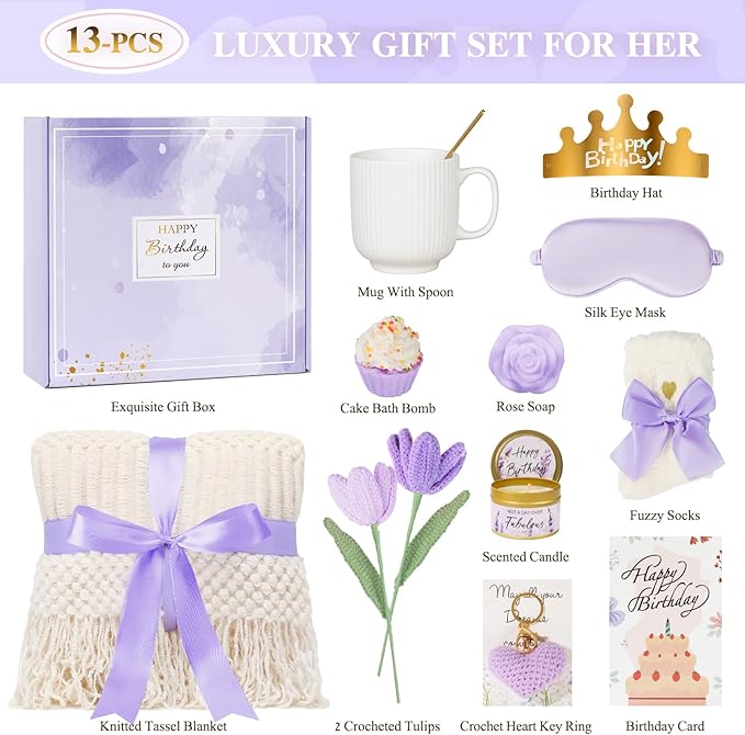 Birthday Gifts for Women - 13PCS Unique Happy Birthday Gifts Basket for Mom Her Best Friend Sister Wife Girlfriend Coworker - Relaxing Spa Self Care Package Get Well Soon Gifts Set (Lavender)
