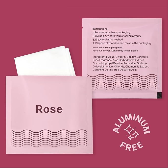 Deodorant Wipes - A Fresh Start When You’re On the Go - Aluminum, Paraben, and Sulfate Free - Rose Scent - 50 Individually Wrapped Wipes