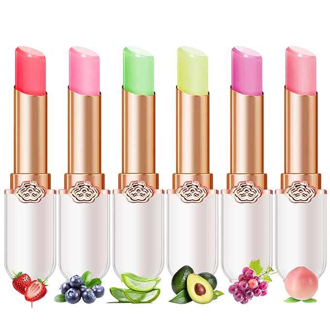 6 Pcs Jelly Lipstick Set, Peach Aloe Vera Strawberry Blueberry Avocado Grape Jelly Lipstick Temperature Change Moisturizer Long Lasting Lip Stick Nutritious Lip Balm Magic Color Change Lip Gloss