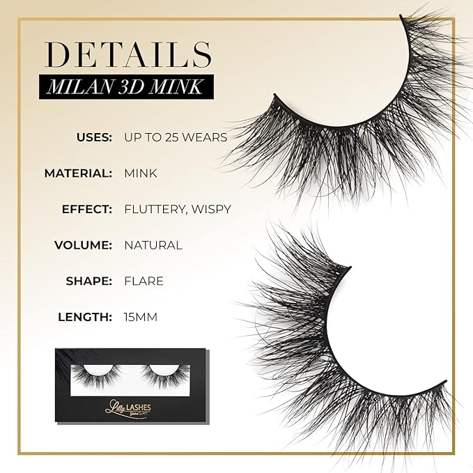 Lilly Lashes Milan 3D Mink Lashes, Mink Eyelashes, The Original Lilly Lash For Wispy & Natural Look, Reusable Eyelashes up to 25x, Fluffy Lashes, Strip Lashes, Lash Glue not Included