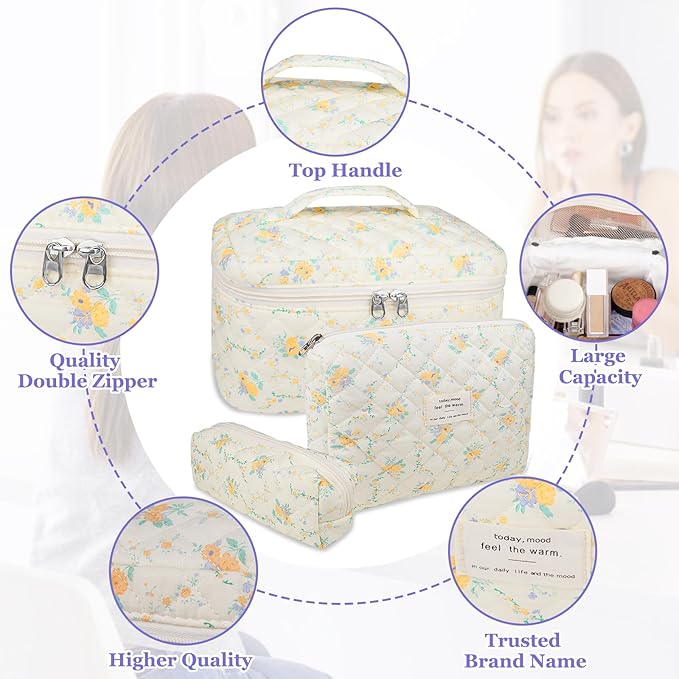 Quilted Makeup Bag Set, Large Floral Cosmetic Bag for Women, Cute Cotton Makeup Bag, Flower Travel Toiletry Organizer Bag (Yellow Daylily)