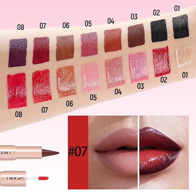 2-in-1 Dual-Ended Lip Liner Lipstick & Gloss Set, Lip Combo with Mirror Effect, Smooth Matte Lip Liner and Moisturizing Lightweight Lip Plumping set for Women, 07 Red Brown