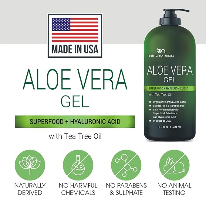 Aloe vera Gel - from 100% Pure Organic Aloe - Natural Raw Moisturizer for Face, Body, Hair. Perfect for Sunburn, Acne, Razor Bumps 16.9 fl oz (Tea Tree, Superfood, Hyaluronic Acid)