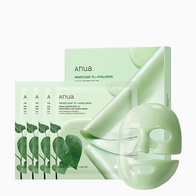 ANUA Heartleaf 70 Soothing Collagen Mask, Overnight Face Mask for Glass Skin, hyaluronic acid, Collagen, Soothing & hydration Facial Mask for Sensitive Skin, Natural Color, Korean Skin Care (38g, 4ea)