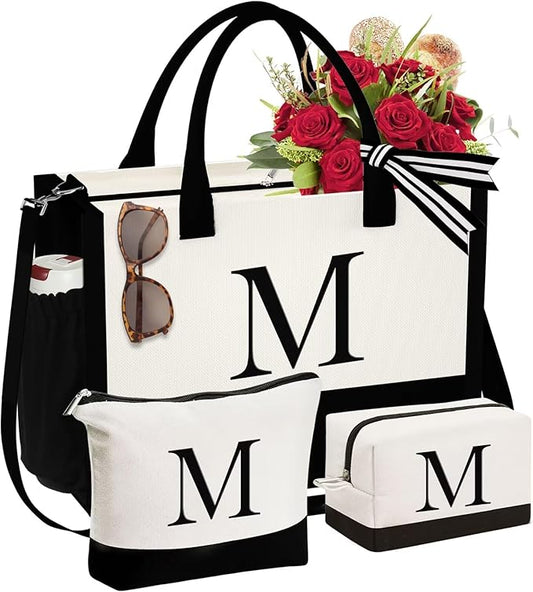 YOOLIFE Initial Canvas Tote Bag & Makeup Bag, Birthday Gifts for Women Mom Sister Friends, Bridesmaid Wedding Gifts