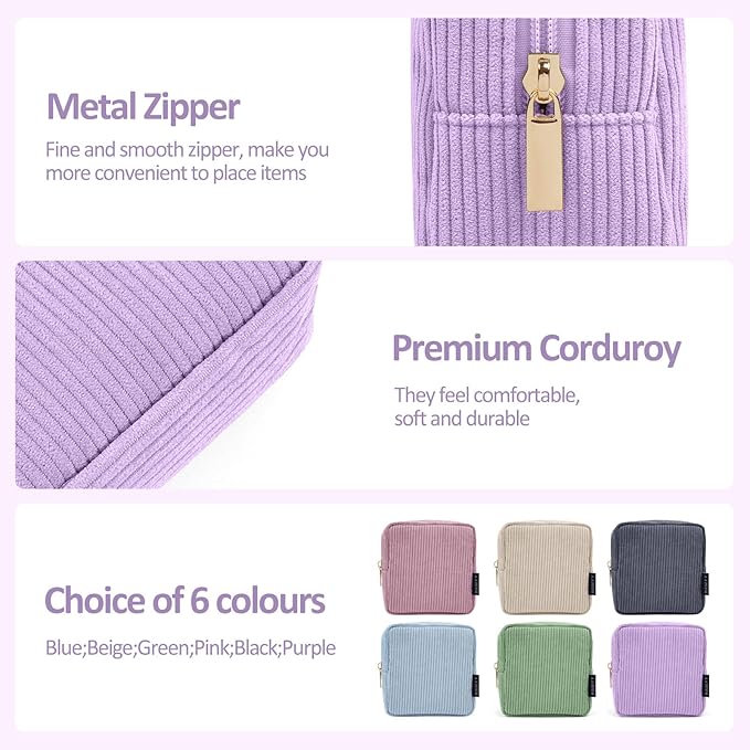 MAGEFY Small Makeup Bag for Purse Mini Cosmetics Bag Corduroy Cute Cosmetic Pouch for Women with Slip-in Pockets