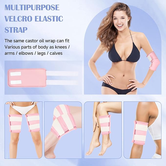 Castor Oil Pack Wrap, 9 Pcs Organic Castor Oil Packs Kit for Entire Body Neck Shoulder Waist Back Hand Knee Leg and Feet, Reusable Pads Kit for Hot/Cold Castor Oil Compress for Woman/Man【Pink】