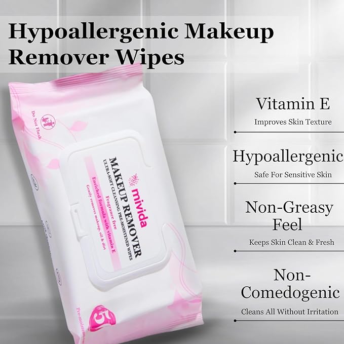 Mivida Hypoallergenic Makeup Remover Wipes | Daily Cleansing Facial Towelettes with Vitamin E For Sensitive Skin | 50 Count Fragrance-Free, Alcohol-Free Face Wipes