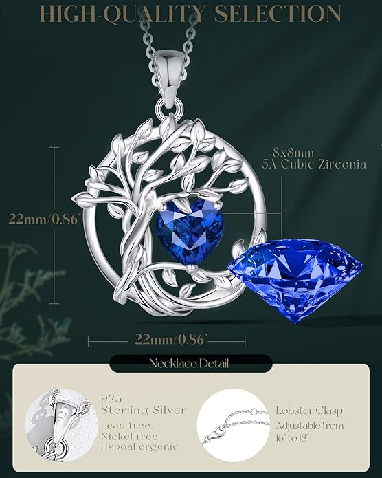 FANCIME Tree of life Birthstone necklace Sterling Silver Pendant Birthstone Necklace Gemstone Anniversary Birthday Jewelry Christmas Gifts for Mom Her Wife