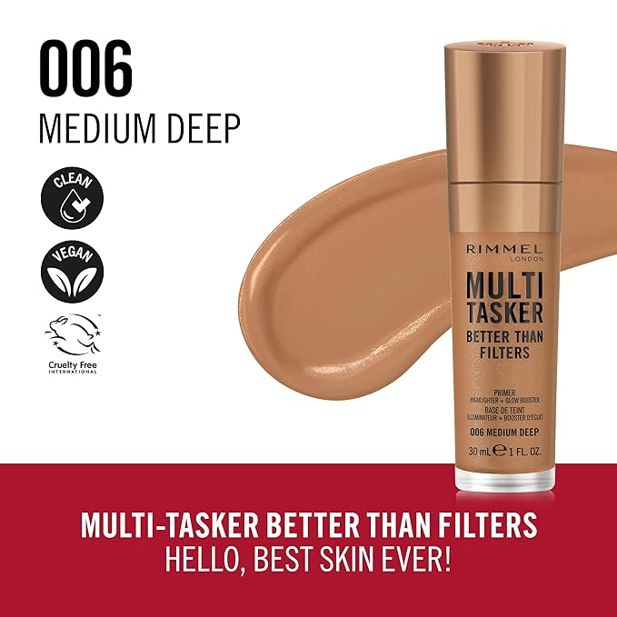 Rimmel Multi-Tasker Better Than Filters, 006 Medium Deep, Face Primer, Glow Booster and Highlighter, Vegan Formula, Anti-Ageing Benefits, Light-Reflecting Pigments, Giant Soft-Touch Wand, 1oz