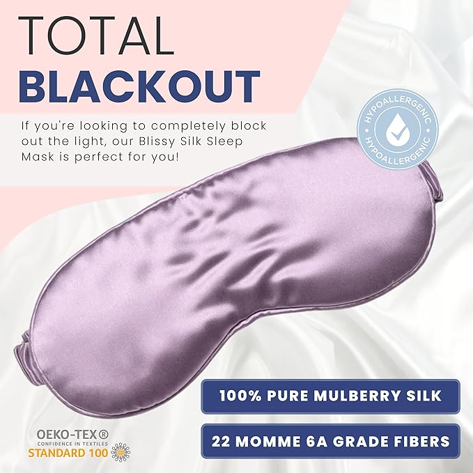 Blissy Silk Sleep Mask - Silk Eye Sleeping Mask for Women & Men for Total Blackout - 100% Pure Mulberry Silk, 22 Momme 6a Fibers - Blindfold Silk Sleep Mask Side Sleeper Eye Cover (Lavender)