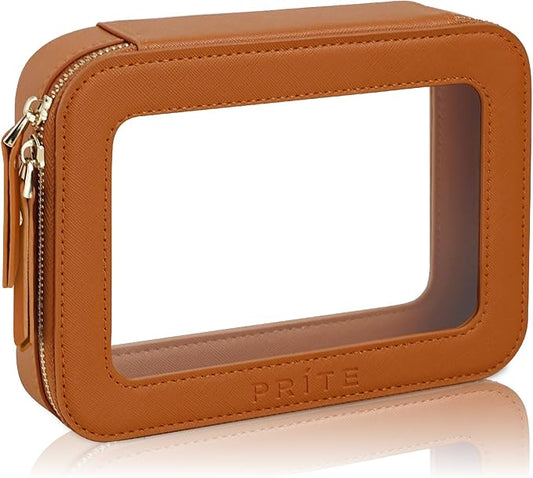Prite Clear Makeup Bag Cosmetic Organizer Case Waterproof Travel Toiletry Bag Skincare Pouch with Golden Zipper(Brown)