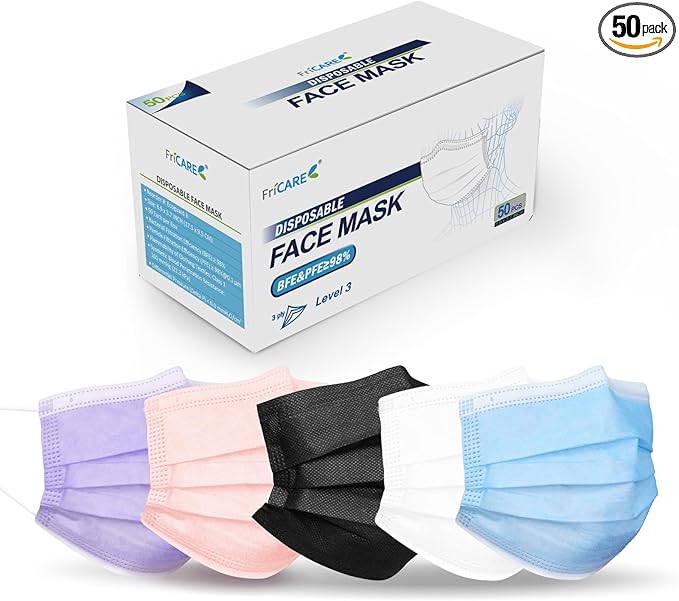 FriCARE Disposable Face Masks, 3-Ply ASTM Level 3 Medical Grade, FSA/HSA Eligible, Breathable & Comfortable for Allergy/Sun Protection, 50 Pack Twilight Harmony