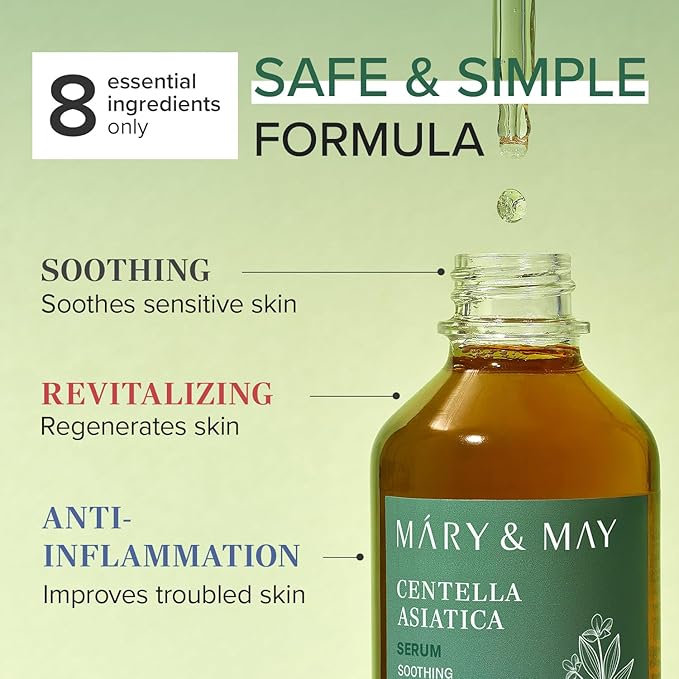 Mary&May Korean Centella Asiatica Serum 95% Pure Extract - Skin Soothing Facial Serum for Irritated Skin - Fast-Absorbing Non-Sticky, EWG Green Grade Fragrance Free, Korean Skincare, 2.71 fl.oz.