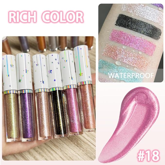 evpct Liquid Shimmery Glitter Eyeshadow Eyeliner, High Pigment Colored Metallic Eyeshadow Stick Eyeliner, Waterproof Long Lasting Sparkle Eye Makeup Set for Women, 18# Girlish Pink