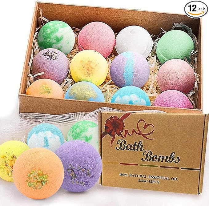 Bath Bombs Gift Set Large 12 PCS 2.8oz Organic Natural Essential Oils, Relax and Moisturize Skin, Luxury Spa Bomb Gifts for Girl, Mom, Kids, Wife, Birthday, Valentine's Day, Anniversary
