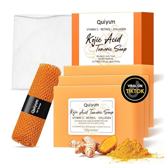 Kojic Acid Turmeric Soap, Dark Spot Remover for Face, Skin Care Sets, Facial Skin Care Products, Even Skin Tone, Moisturizing & Nourishing, 3 Pack+ African Net Sponge