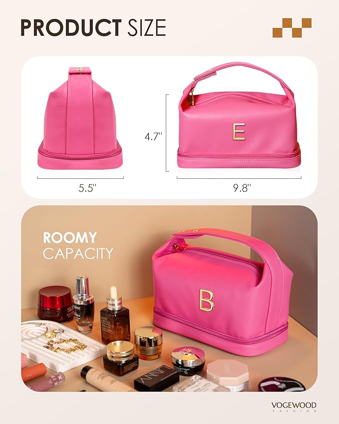 Gifts for Women 50s, Personalized Makeup Bag with Handle, Initial Double Layer Cosmetic Bag with Makeup Brush Organizer, Cute Cosmetic Pouch for Women, Gifts for Friends Female Mom