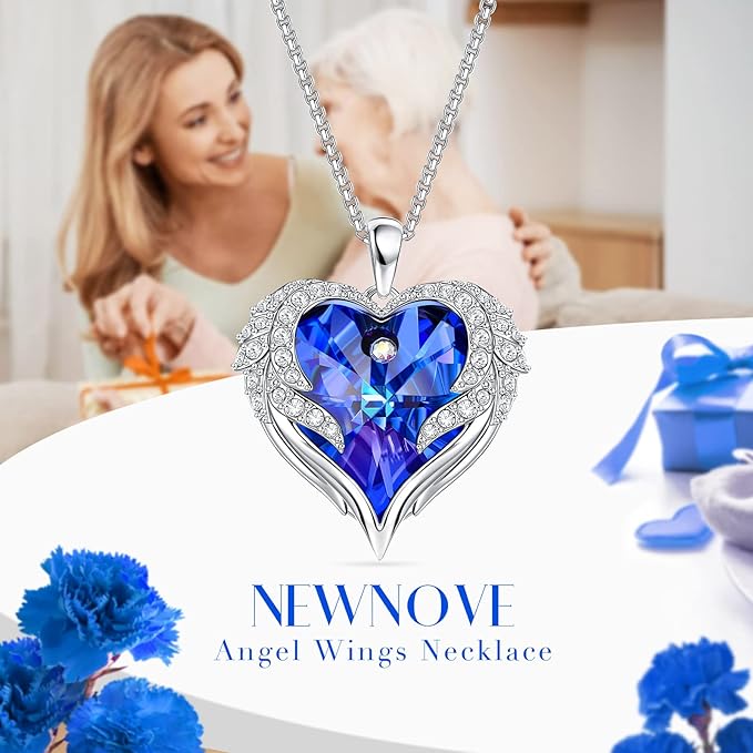 Preserved Real Blue Rose with Angle Wings Necklace, Forever Flowers Gifts for Mom Grandma Wife Girlfriend at Christmas Valentines, Anniversary Birthday Gifts for Women, I Love You Gifts for Her