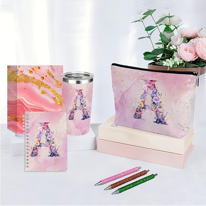 Personalized Gifts Monogrammed Birthday Gifts for Women, Bridesmaid Bachelorette Party Wedding Christmas Initial 20 oz Tumbler, Makeup Bag Pens Journal Notebook 6 Set, (Aesthetic Pink Flower A)