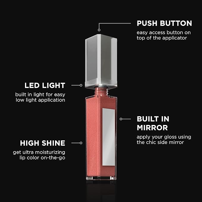 Pure Illumination Light-Up Lip Gloss with LED-Lit Applicator Brush + Side Mirror, Non-Sticky, Moisturizing Hydrating Lip Glosses with Lanolin, Jojoba Oil, & Vitamin E, Shimmer