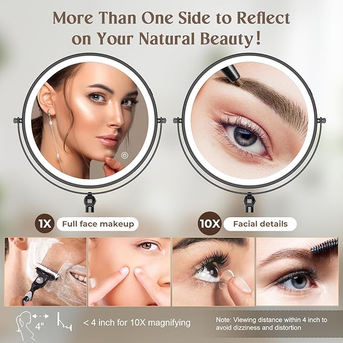 9" Wall Mounted Makeup Lighted Mirror, 4000mAh Rechargeable Double Sided LED Vanity Mirror with Height Adjustable&1X/10X Magnification, 3 Color Lights Touch Screen Dimmable 360°Swivel Bathroom Mirror