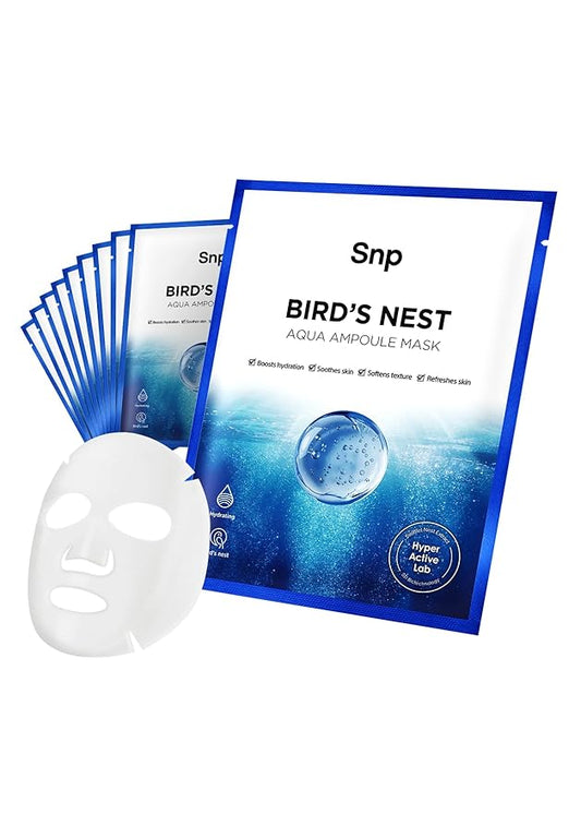SNP 1000mg Bird's Nest + Hyaluronic Acid Ampoule Sheet Mask | Hyaluronic Acid Sheet Mask | Maximum Hydration and Protection for All Dry Skin Types | Korean Skincare Facial Mask | 10 Sheets