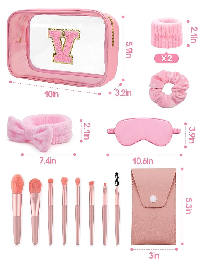 Gift Sets for Women, Initial Makeup Bag with Makeup Brush Set Bachelorette Party Favors, Pink Spa Kit with Skincare Headbands Wrist Bands Sleepover Party Supplies Gifts for Teen Girls Bridesmaid V