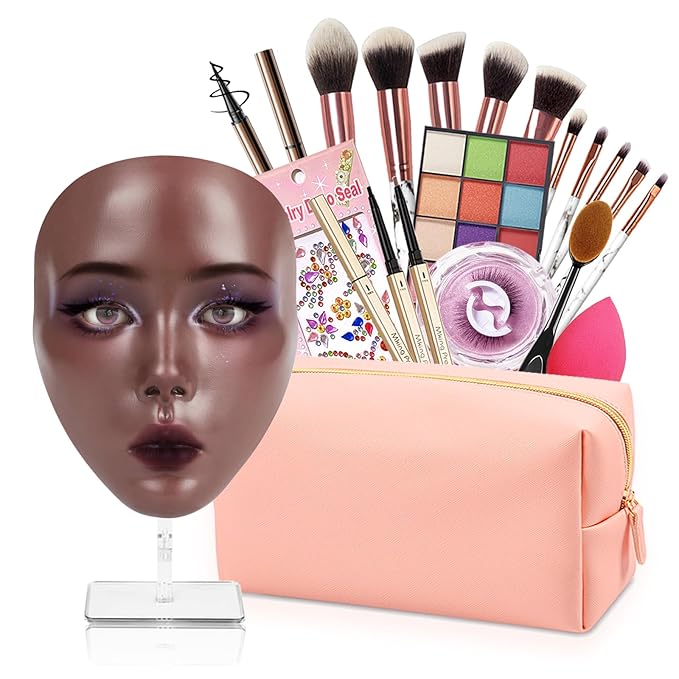 Makeup Mannequin Face - Silicone Head with Makeup Kit, Brushes & Bag for Practicing Skills or Gifts