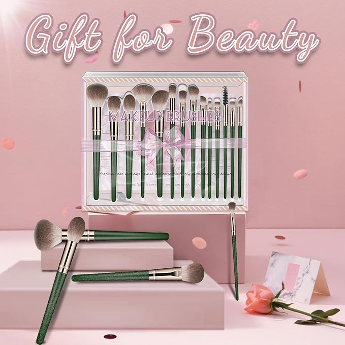 Makeup Brush Set, Premium Synthetic 14 Pcs Makeup Brushes, Travel Makeup Brush Set for Foundation, Concealer, Blush and Eyeshadow Brush(Green)