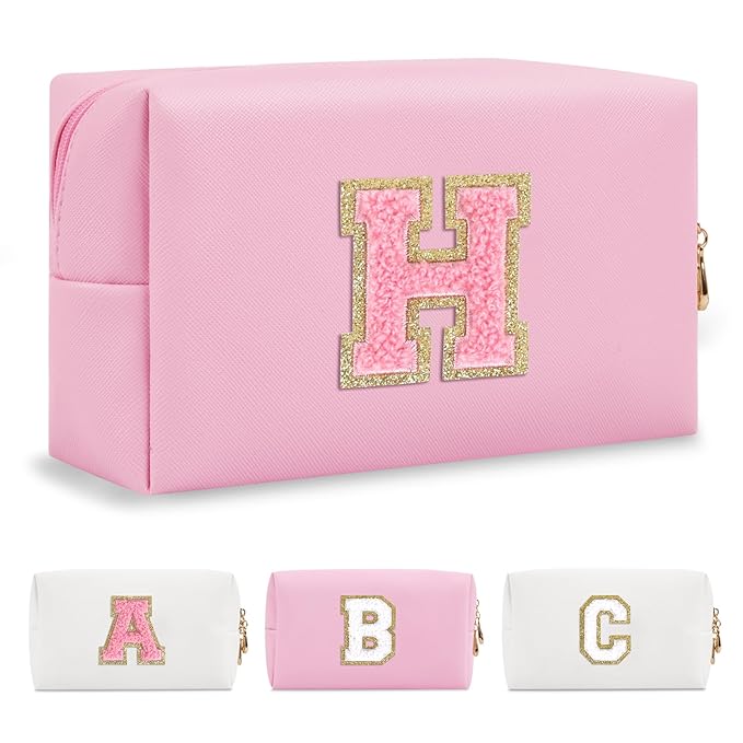 Personalized Initial A-Z Preppy Patch Makeup Bag,Small PU Leather Chenille Letter Cosmetic Bag with Zipper for Teen Girls,Pink Cute Travel Toiletry Bag,Birthday Monogrammed Gift for Daughter,Letter H