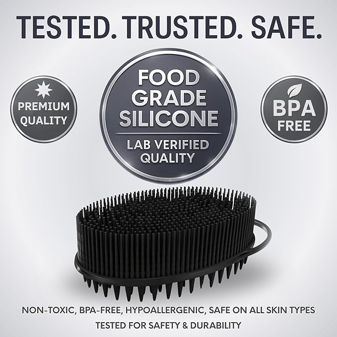 Avilana Silicone Body Scrubber – Gentle Shower Brush & Loofah Alternative- Food Grade & Lab Tested – Fast-Drying, Hygienic, BPA-Free Silicone Body Gentle Exfoliator (Black, Scalp)