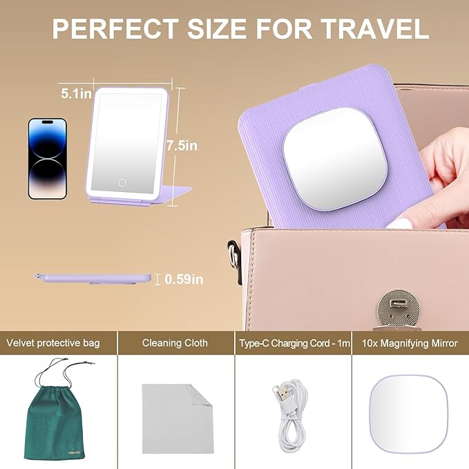 LED Foldable Travel Makeup Mirror - 5x7 inches3 Colors Light Modes USB Rechargeable Touch Screen, Portable Tabletop Cosmetic Mirror for Travel, Cosmetic, Office (Violet)